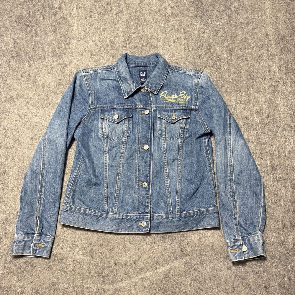 VTG Y2K Gap Denim Jacket Large Private Sky Aviation Corporate Promo Trucker Jean